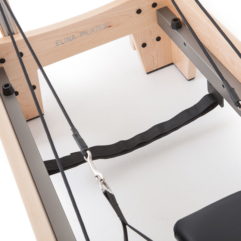 Elina Pilates Elina Pilates Wood Reformer for ELITE With Tower in black view of components.