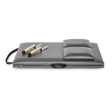 elina pilates folding mat with handles in grey folded up